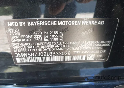 2020 BMW 330I xDrive z USA, uszkodzony, nr VIN 3MW5R7J02L8B33028